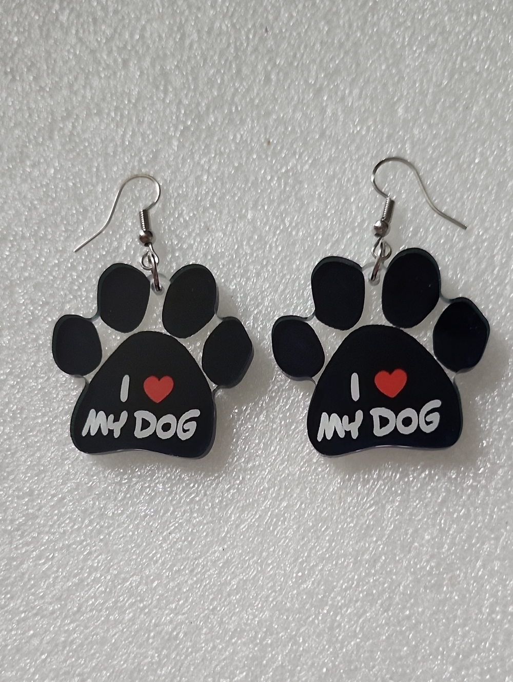 Hand Crafted Black Paw Print Earrings with Red Heart